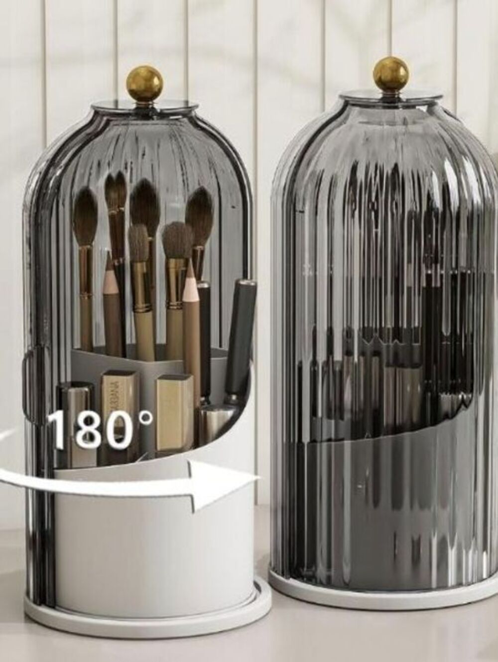 Rotating Makeup Brush Organizer with Transparent Lid and White Base